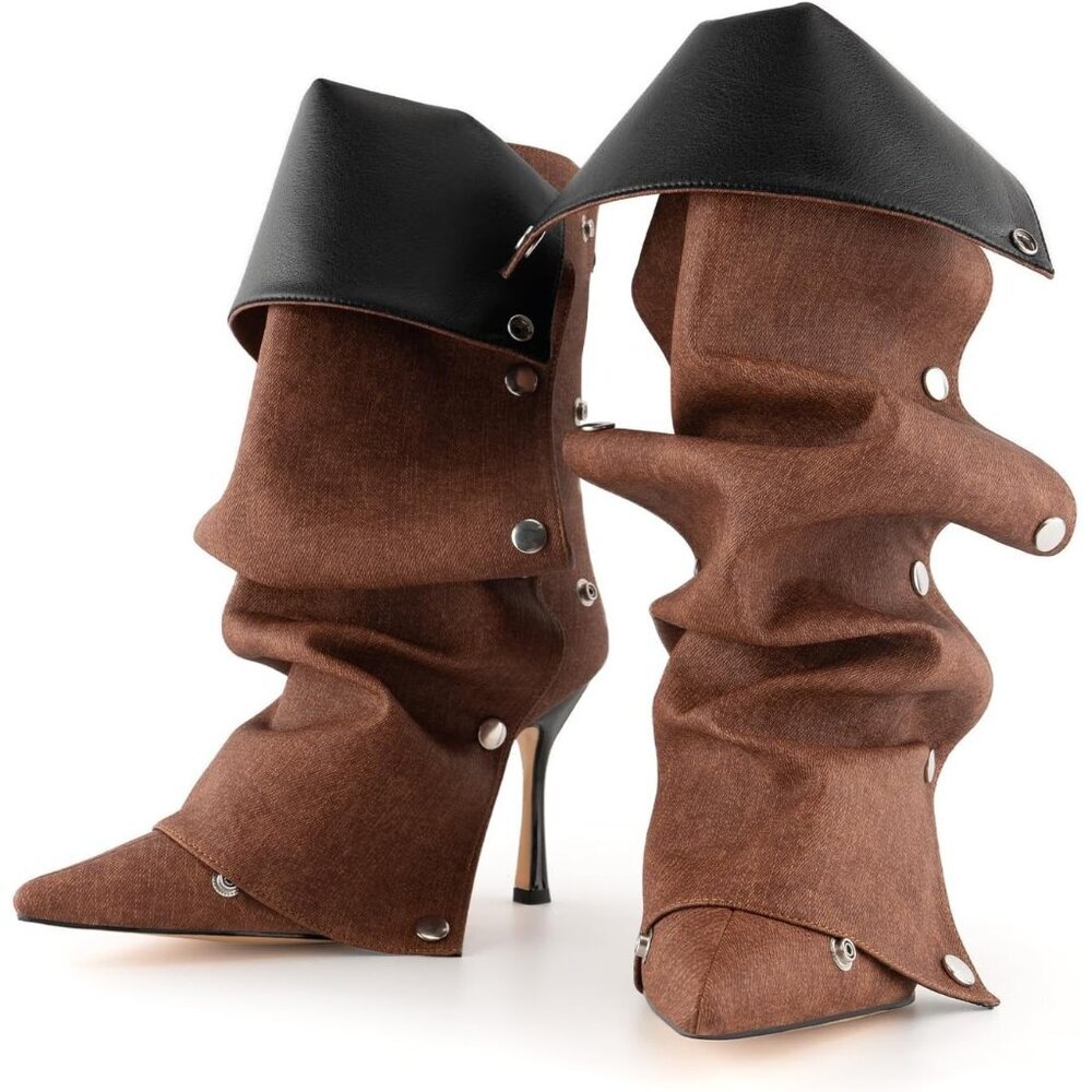 ⚡Women Brown Polyurethane Slouchy Stiletto High Heel Pointed Toe Fold Shark Boot